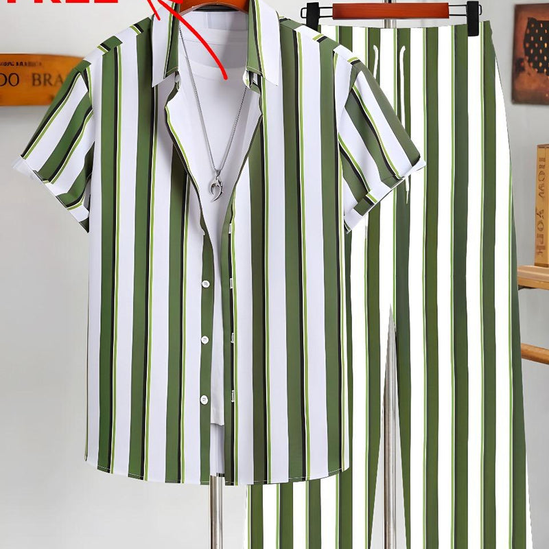 Green and white striped three-piece suit with an inner t-shirt free offer on a white background.