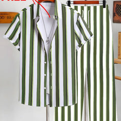 Green and white striped three-piece suit with an inner t-shirt free offer on a white background.