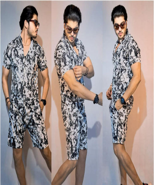 Man wearing a patterned outfit with sunglasses in three different poses against a plain background
