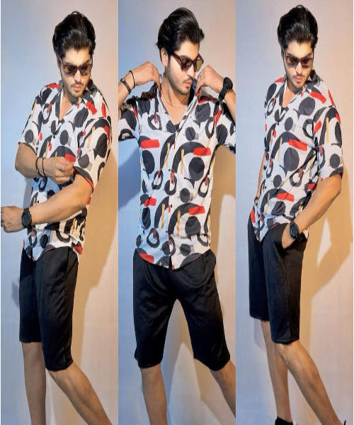 Three panel collage of a person wearing a patterned shirt and black shorts against a plain background.