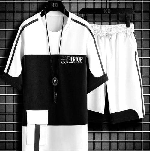 Black and white sports outfit with 'Superior' branding on a checkered background