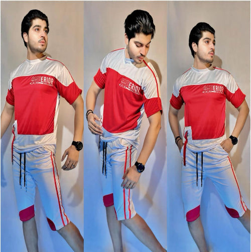 Three poses of a person wearing a red and white sports outfit with 'Exterior' branding.