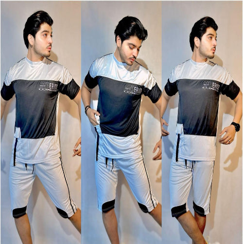 Three images of a person wearing a black and white sports outfit with visible branding.
