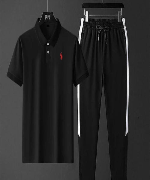 Black polo shirt and pants set with a red logo on a gray background